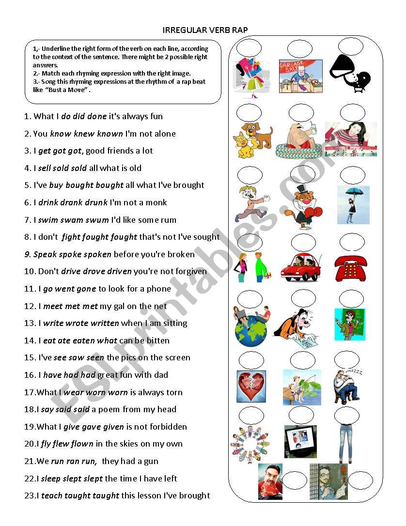 IRREGULAR VERB RAP worksheet