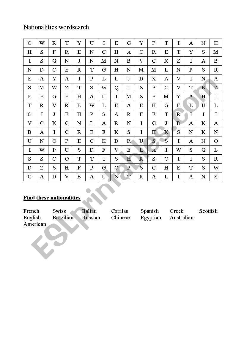 Nationalities word search worksheet