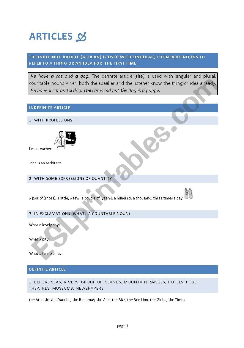 Articles worksheet