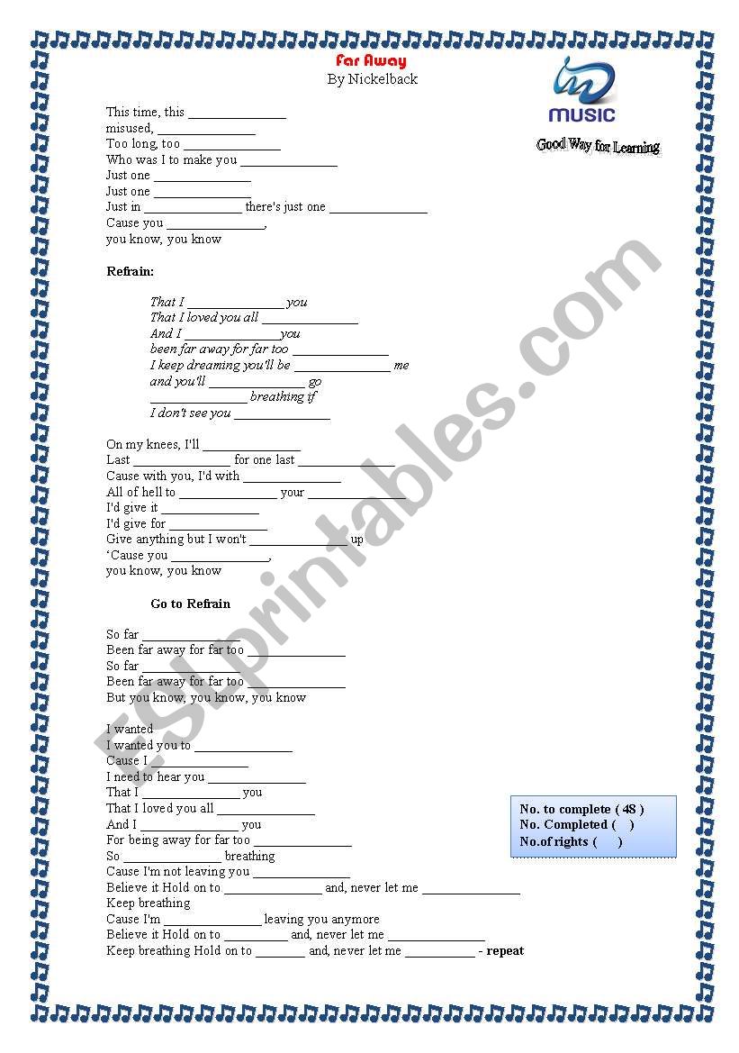 Lyric - Far Away worksheet