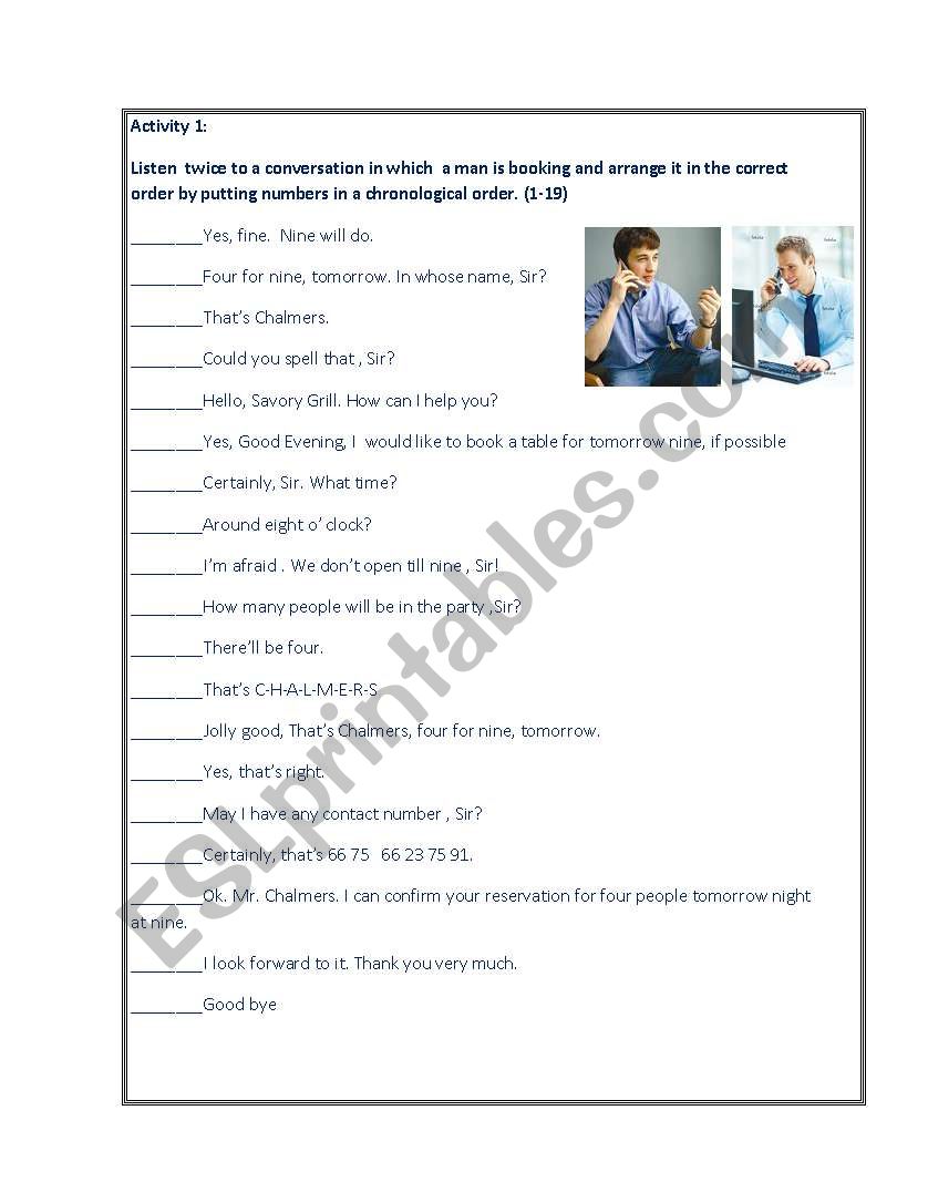 Booking a table by phone worksheet