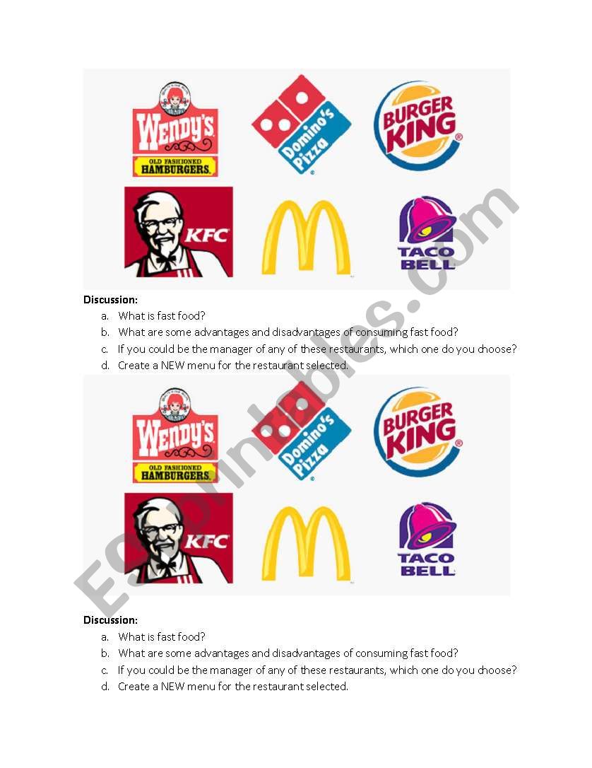 Fast Food Restaurants worksheet