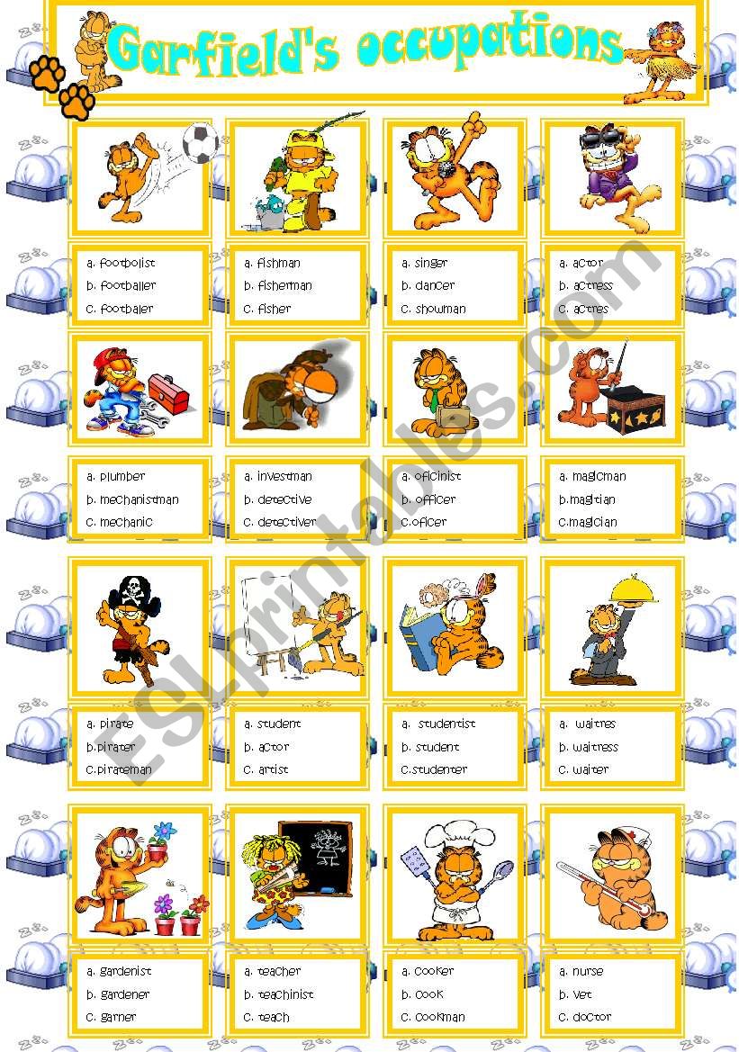 Garfield´s jobs multiple choice ESL worksheet by lili27