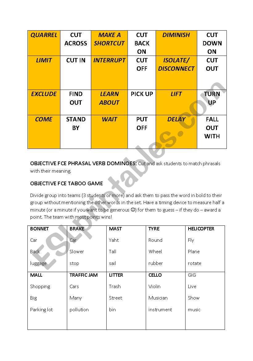 Phrasal verbs dominoes and a vocabulary review taboo for FCE