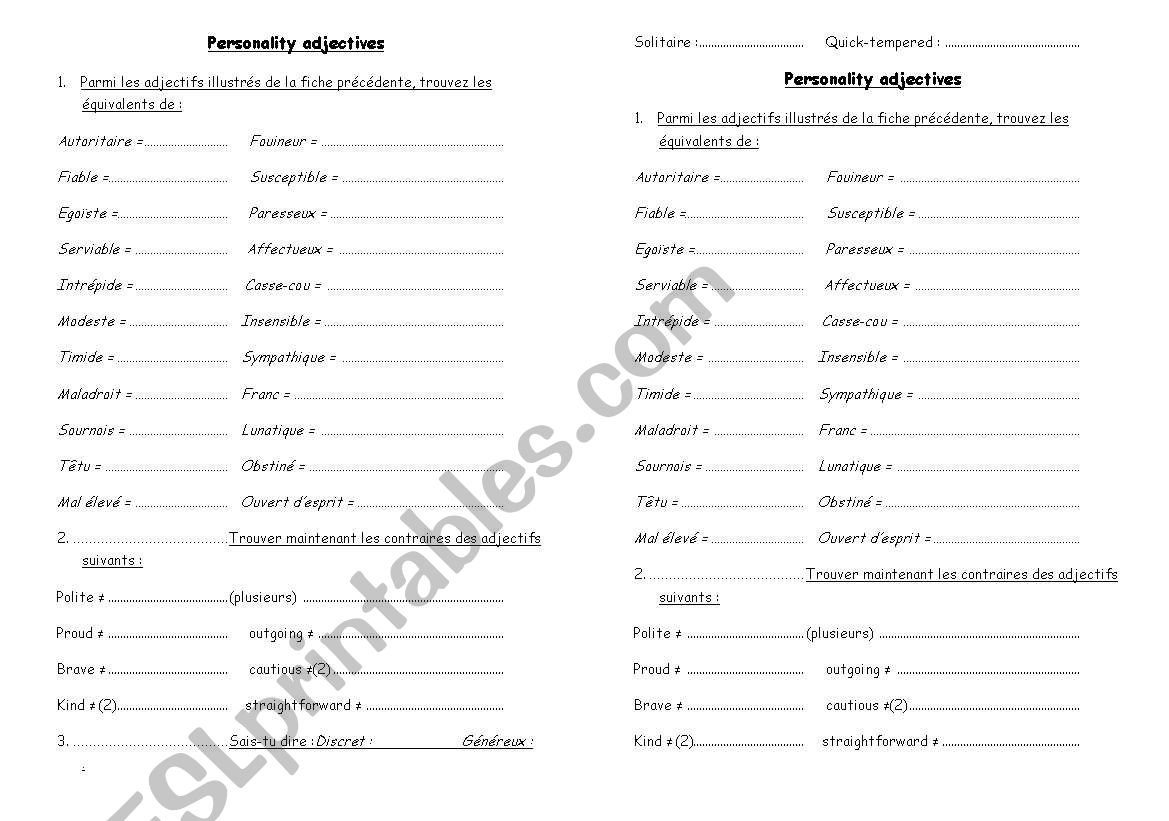 personality adjectives worksheet