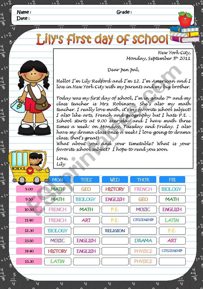 Lilys first day of school worksheet