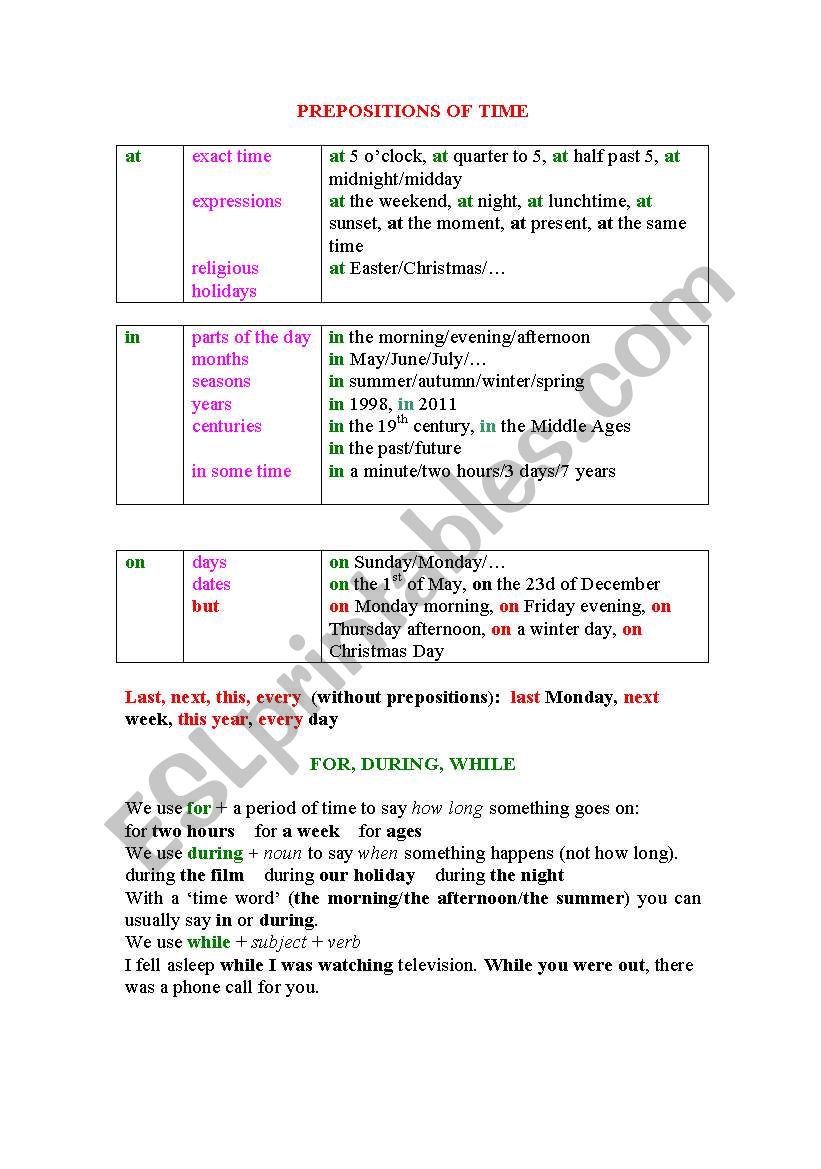 Time Prepositions Poster worksheet