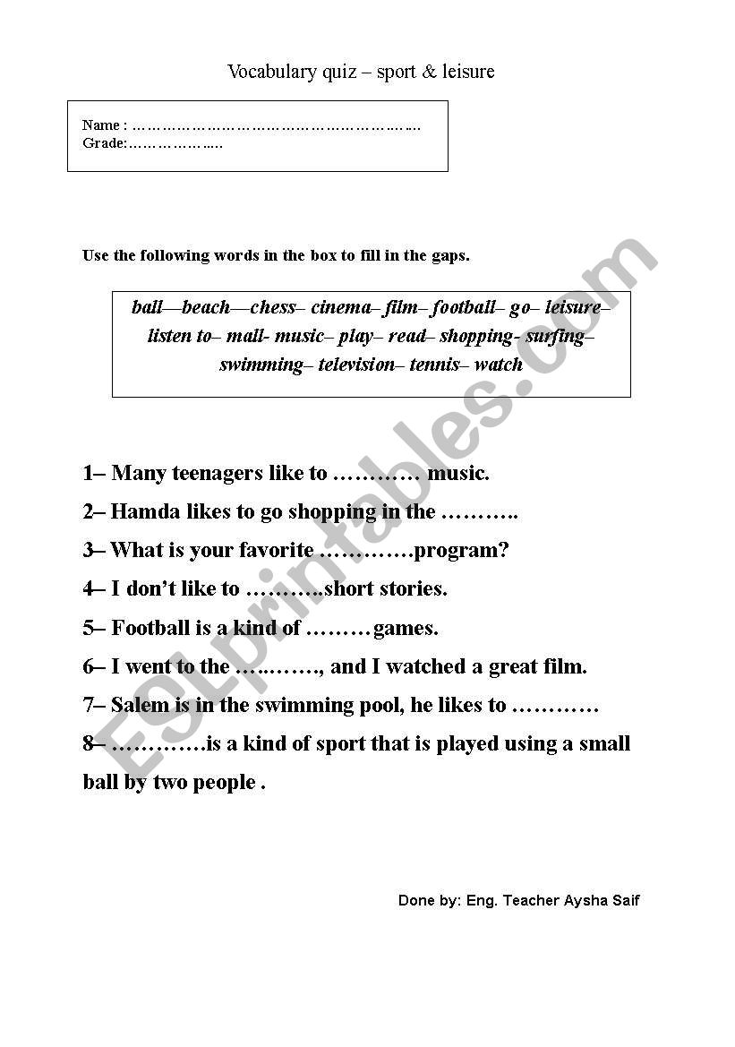 Sport & leisure activities worksheet