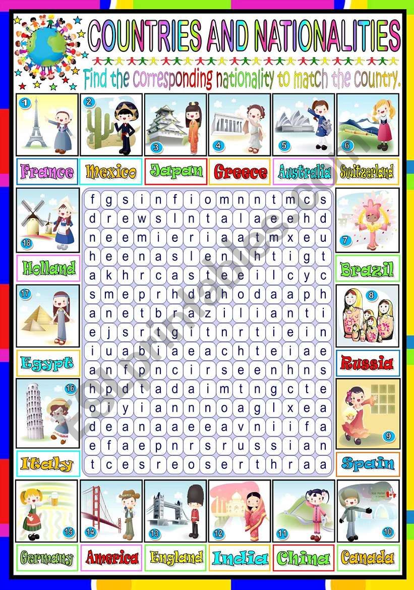 NATIONALITIES- WORDSEARCH (KEY INCLUDED)