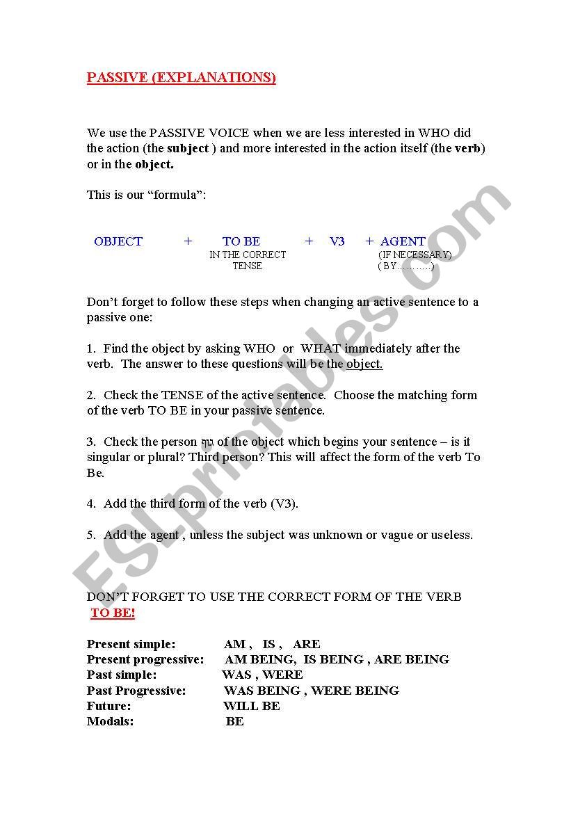 Passive - explanations worksheet