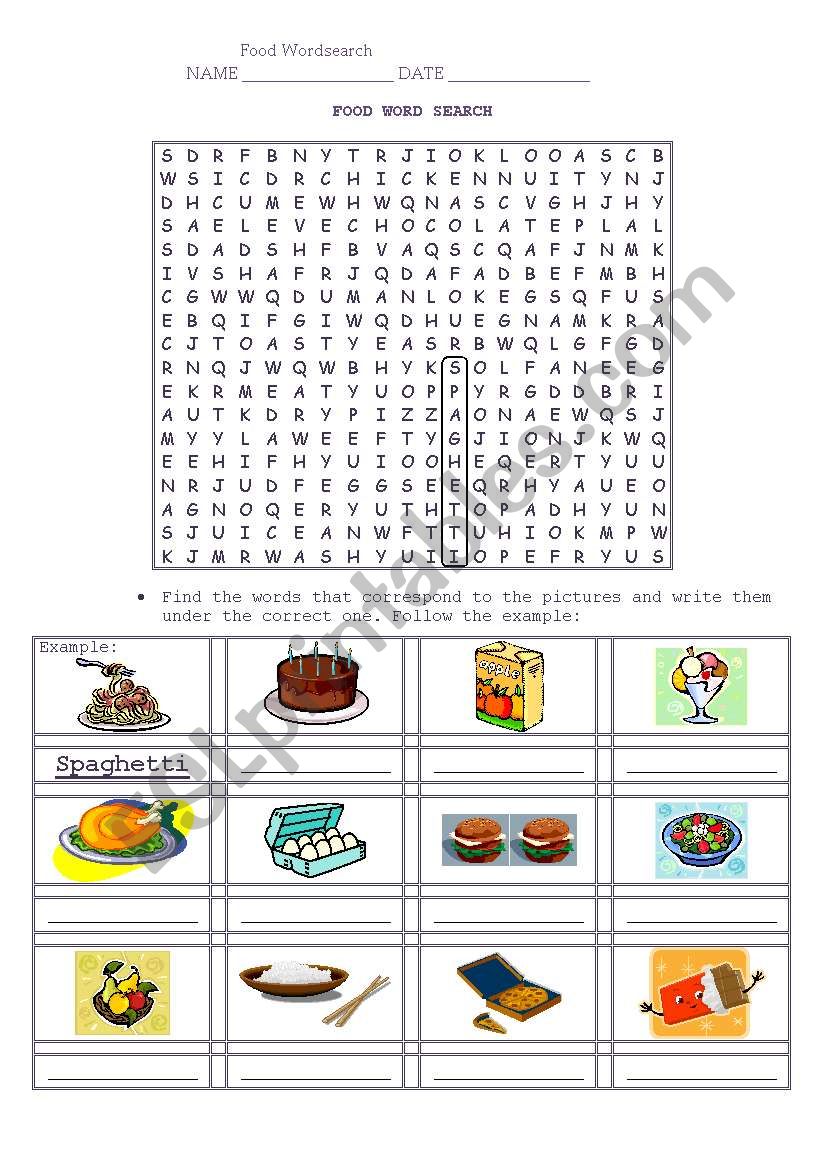 Food Word search worksheet