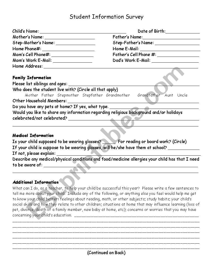 Student information sheet worksheet