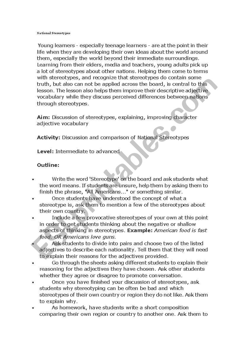 Stereotypes worksheet