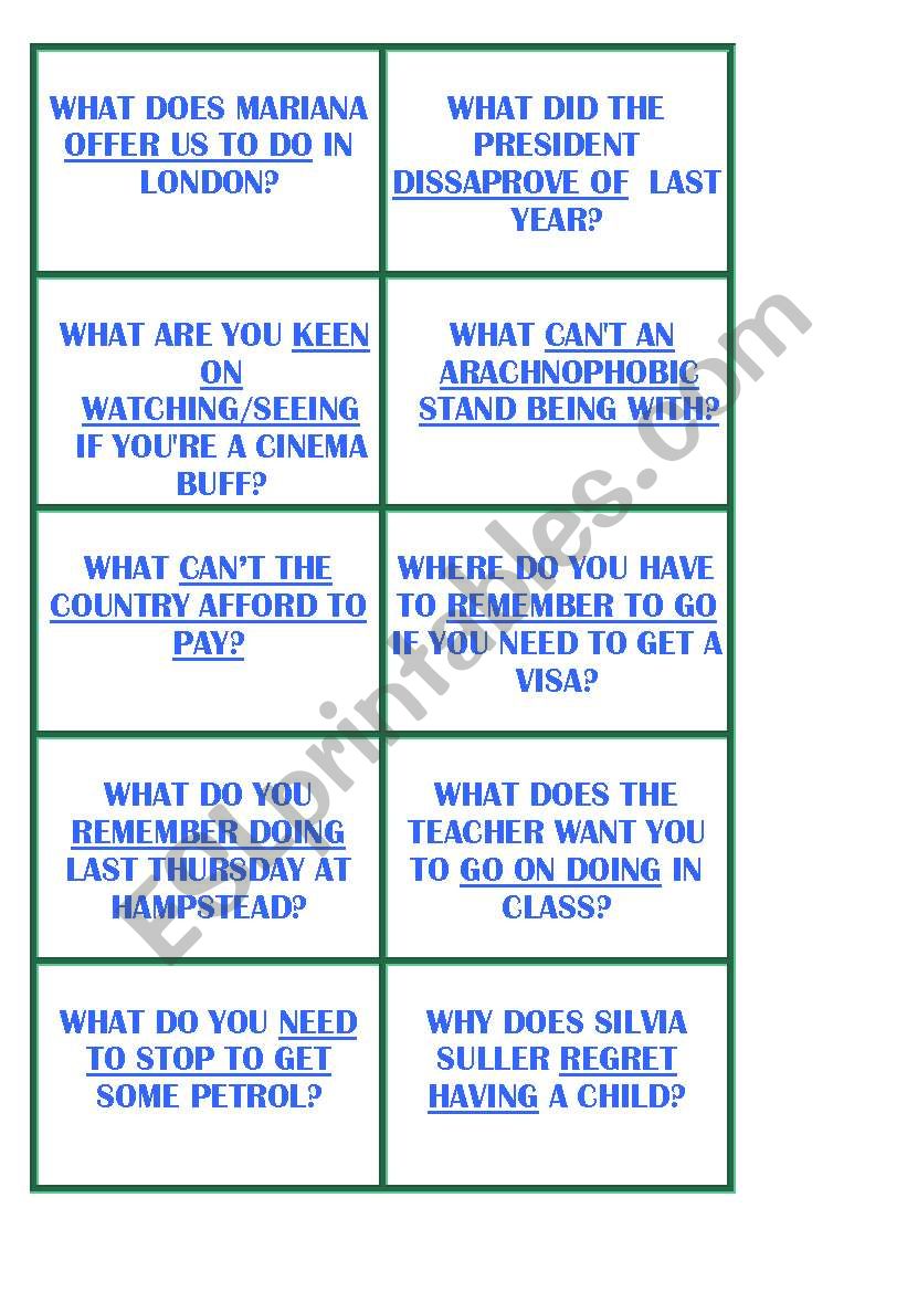 cards gerunds and infinitives worksheet