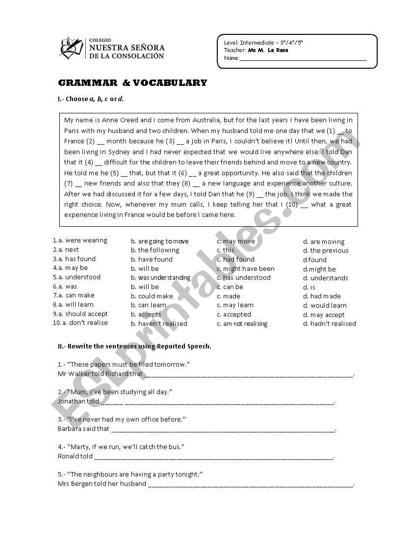 REPORTED SPEECH worksheet