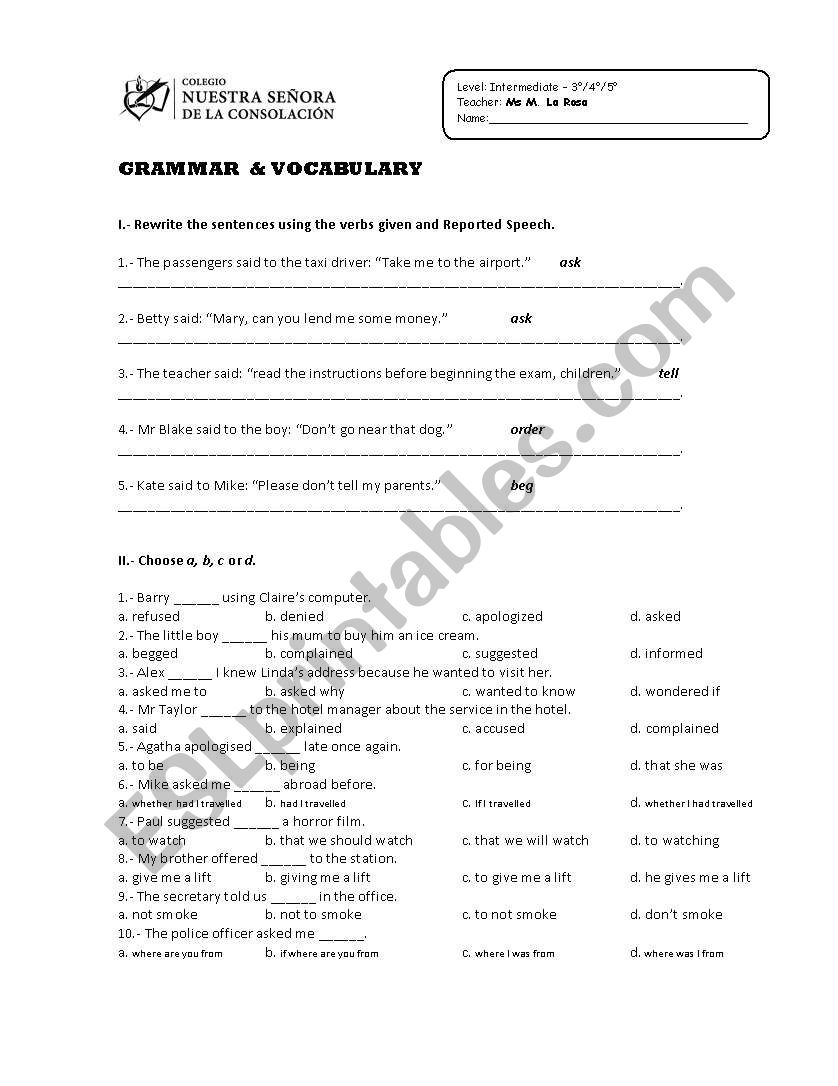 REPORTED SPEECH II worksheet