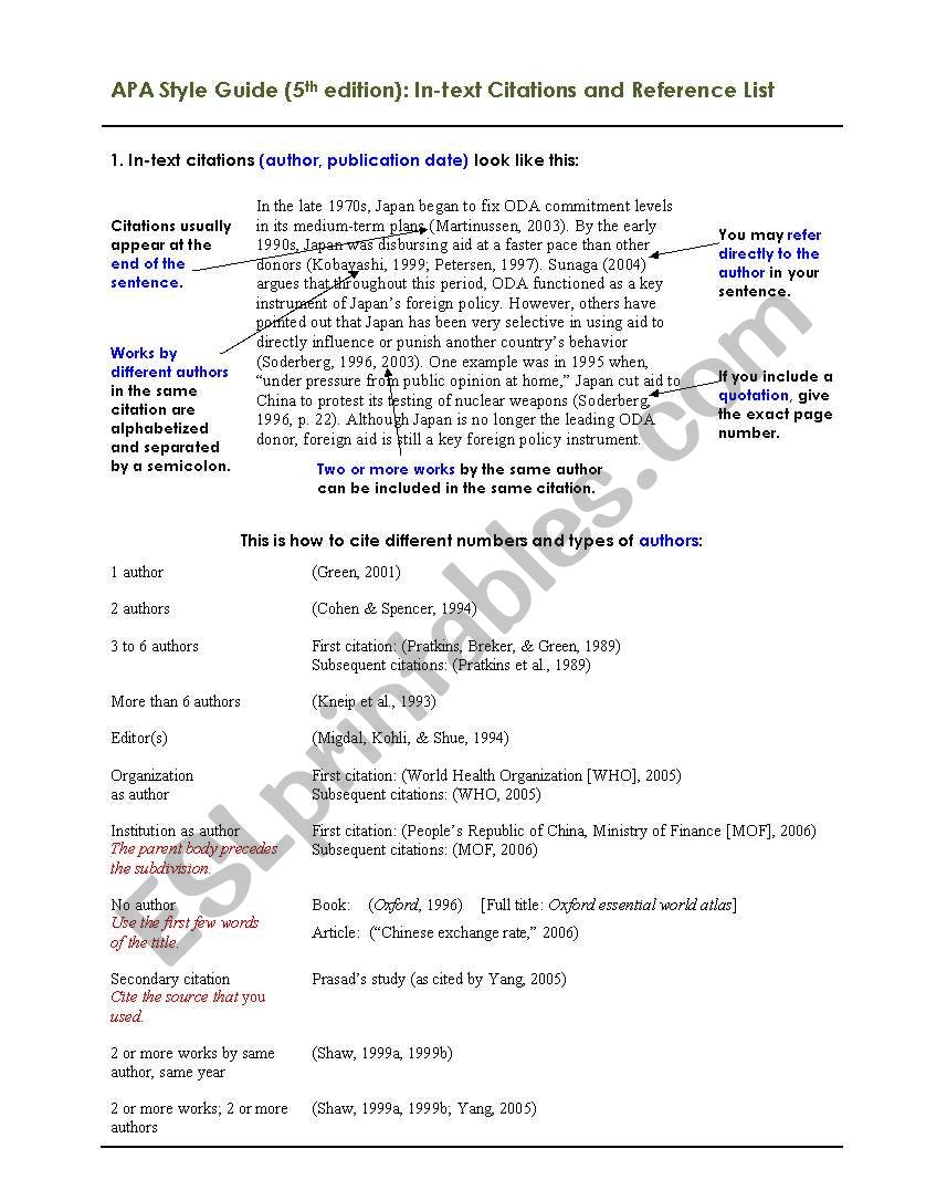 APA Style Guide worksheet