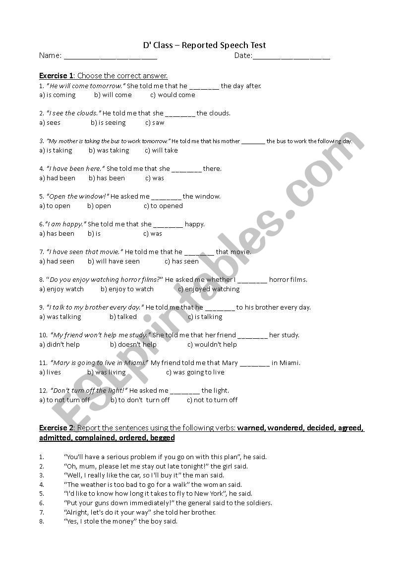 Reported Speech Test worksheet