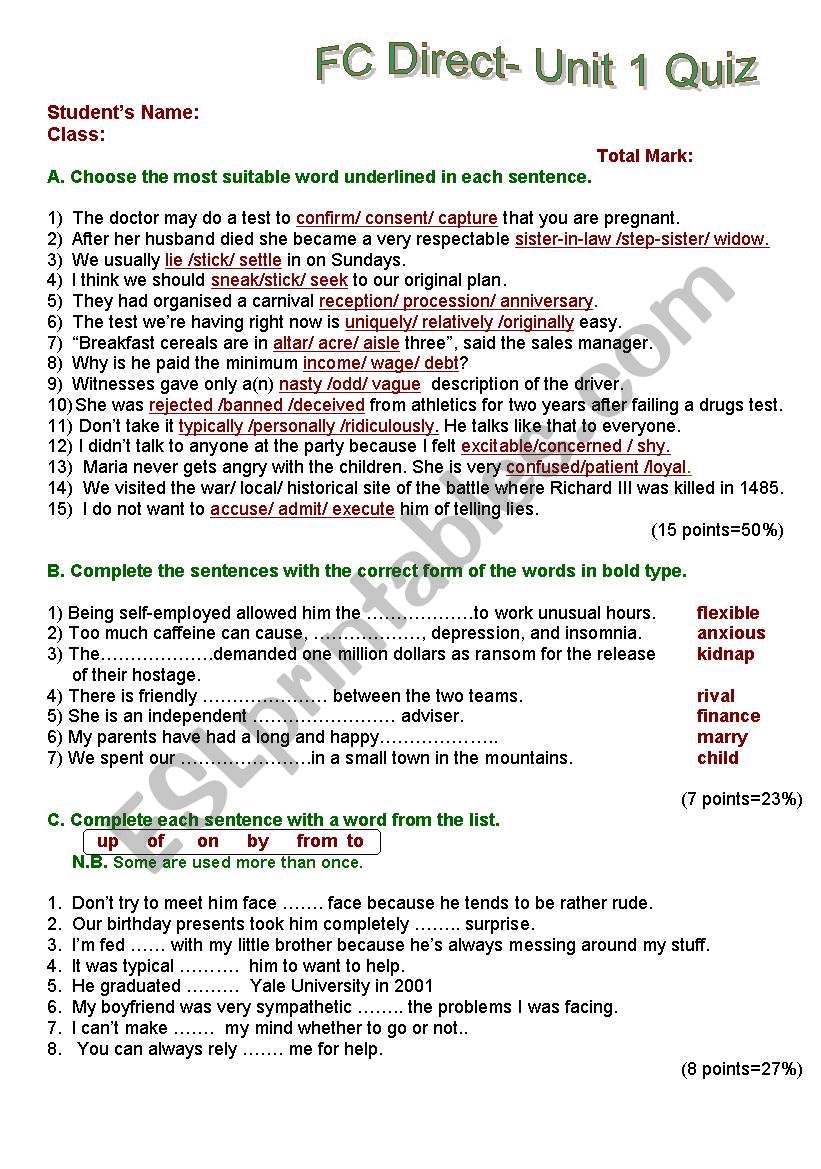 FC Direct - Unit 1 Quiz worksheet