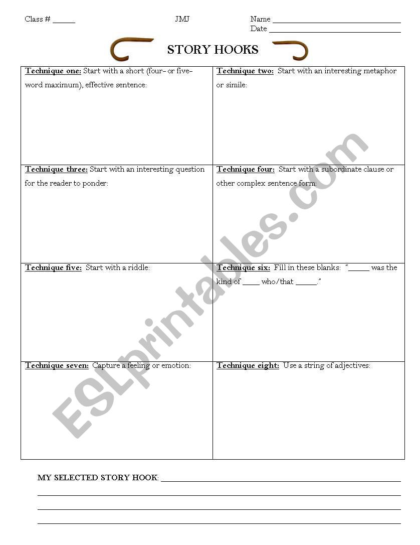 Story Hooks Worksheet worksheet