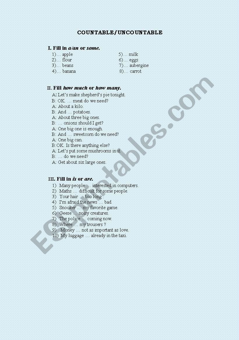 countable/uncountable worksheet