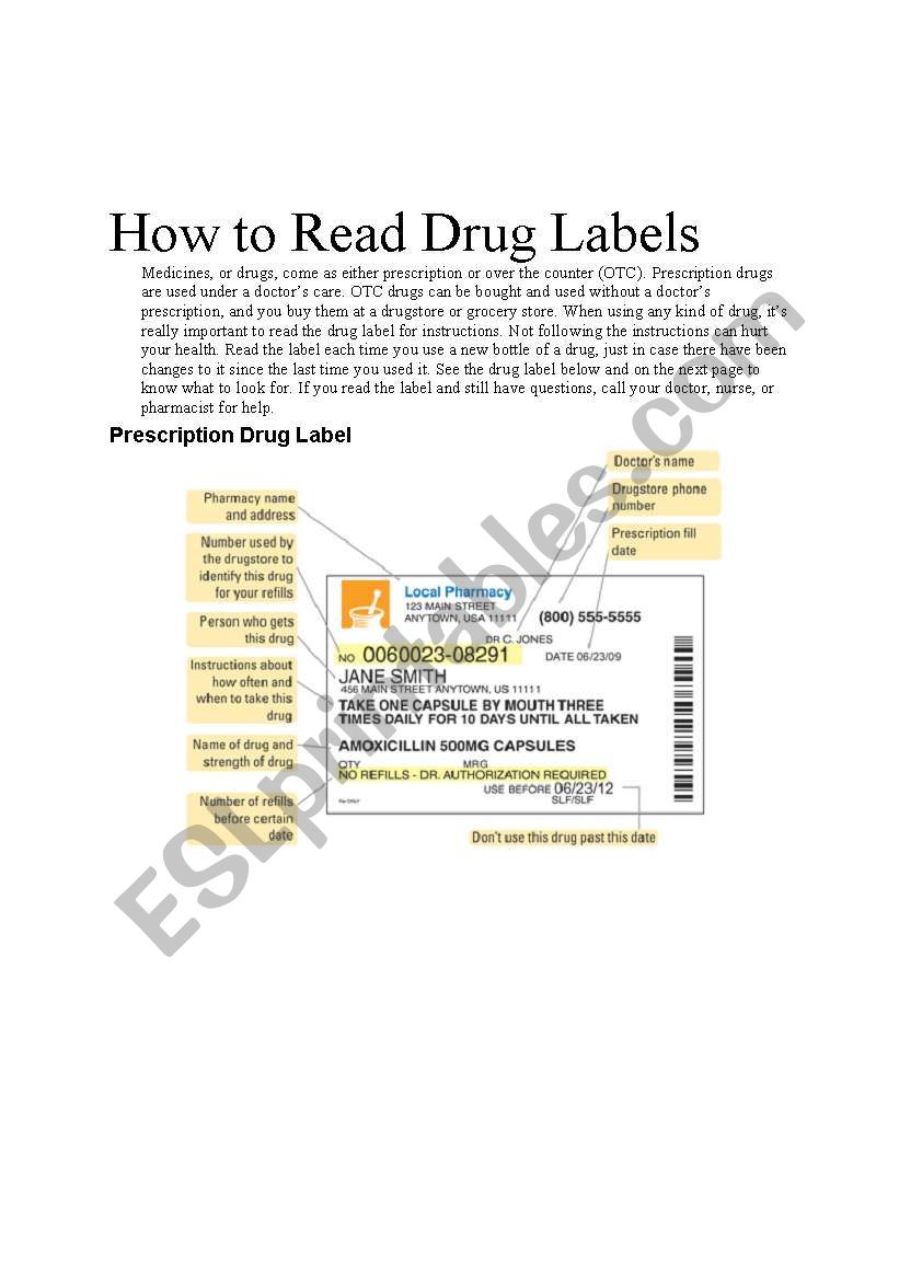 How to Read a Drug Labels worksheet