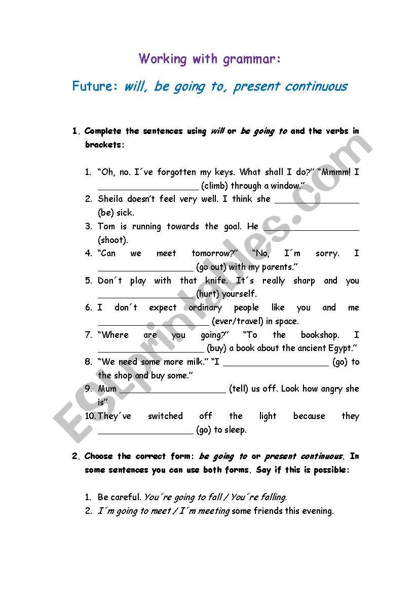 Working with Future Tenses worksheet