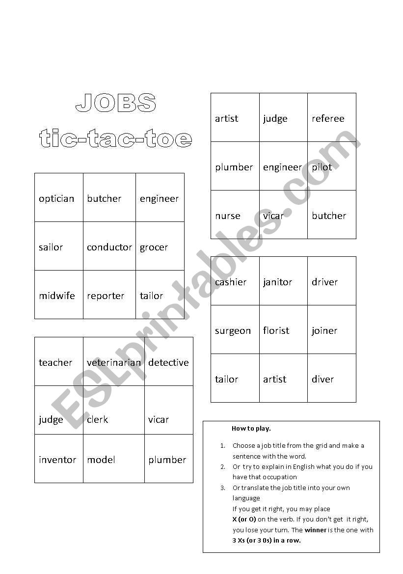 Jobs, a tic-tac-toe game worksheet