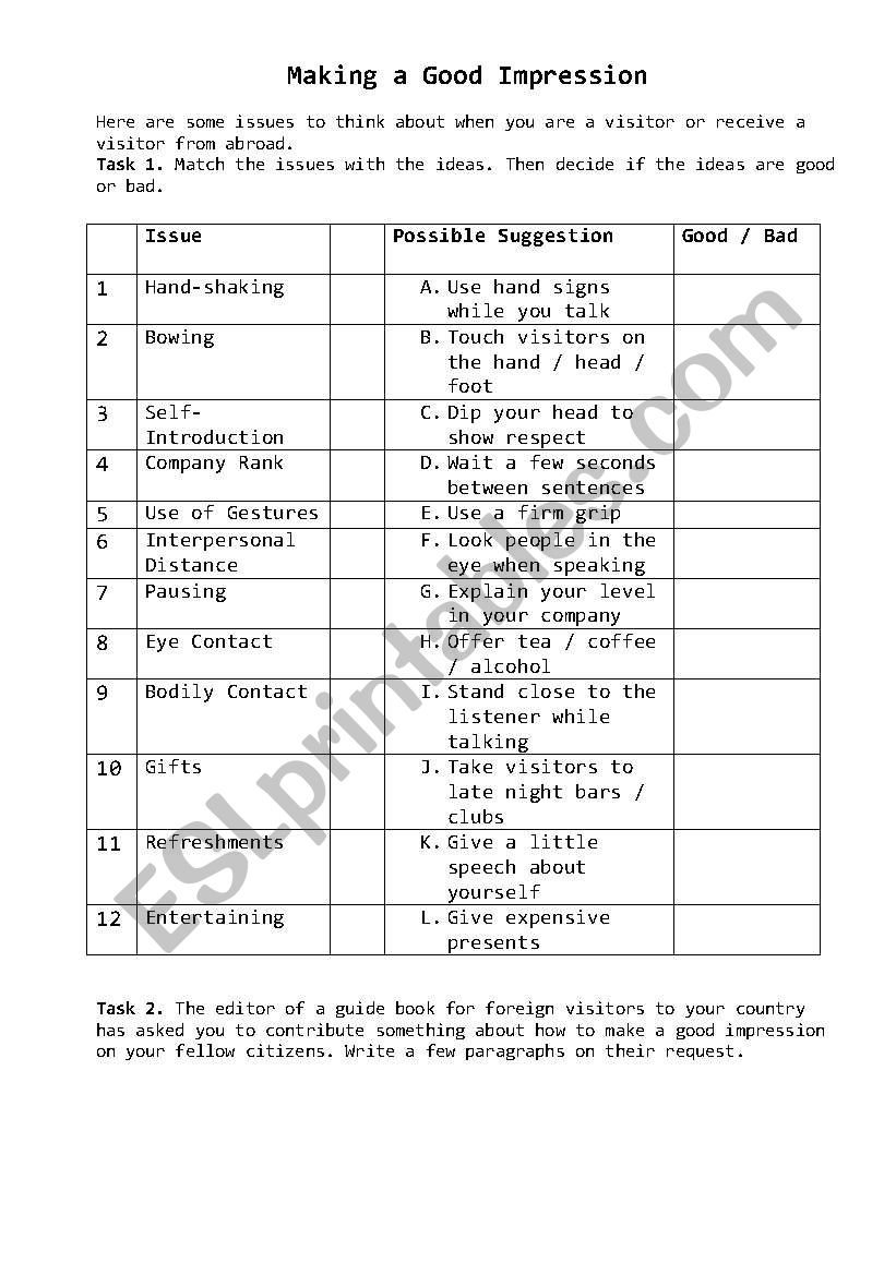 Making a good impression worksheet