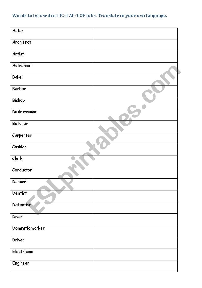 Jobs, word list to be used in Tic-tac-toe board games