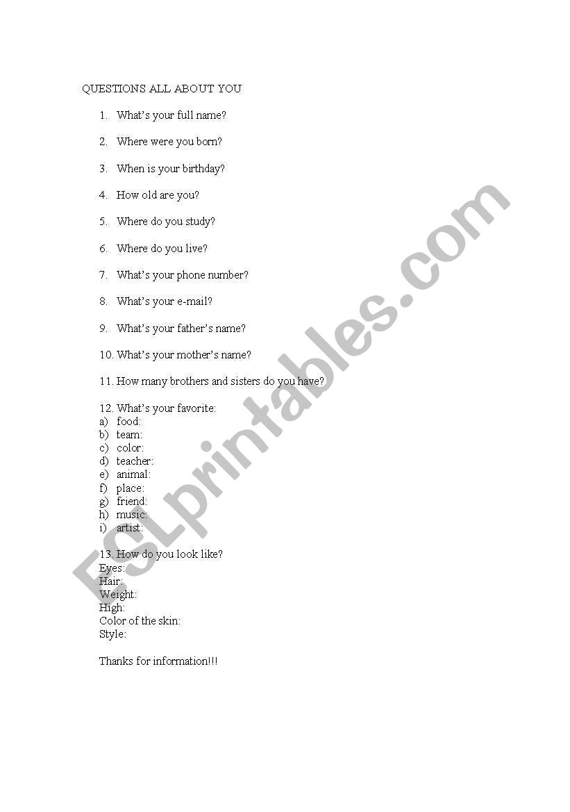 Personal information worksheet