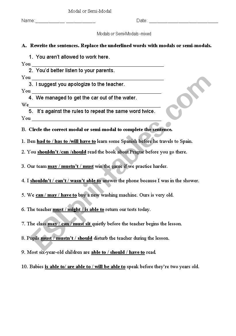 Modals and semi modals practice