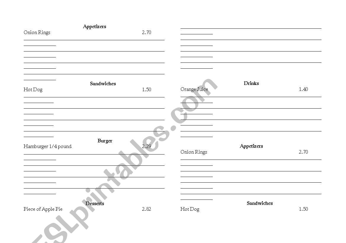 Build up menu worksheet