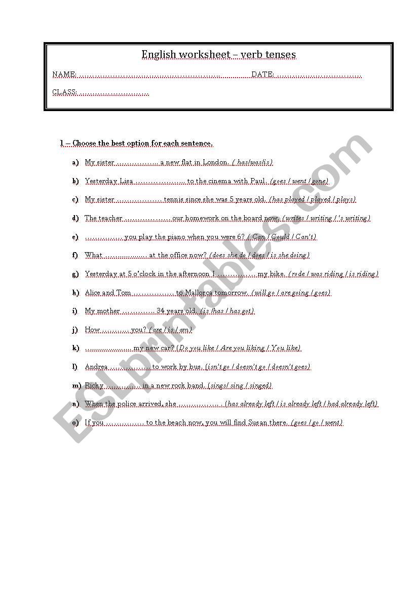 Verb tenses - revision worksheet