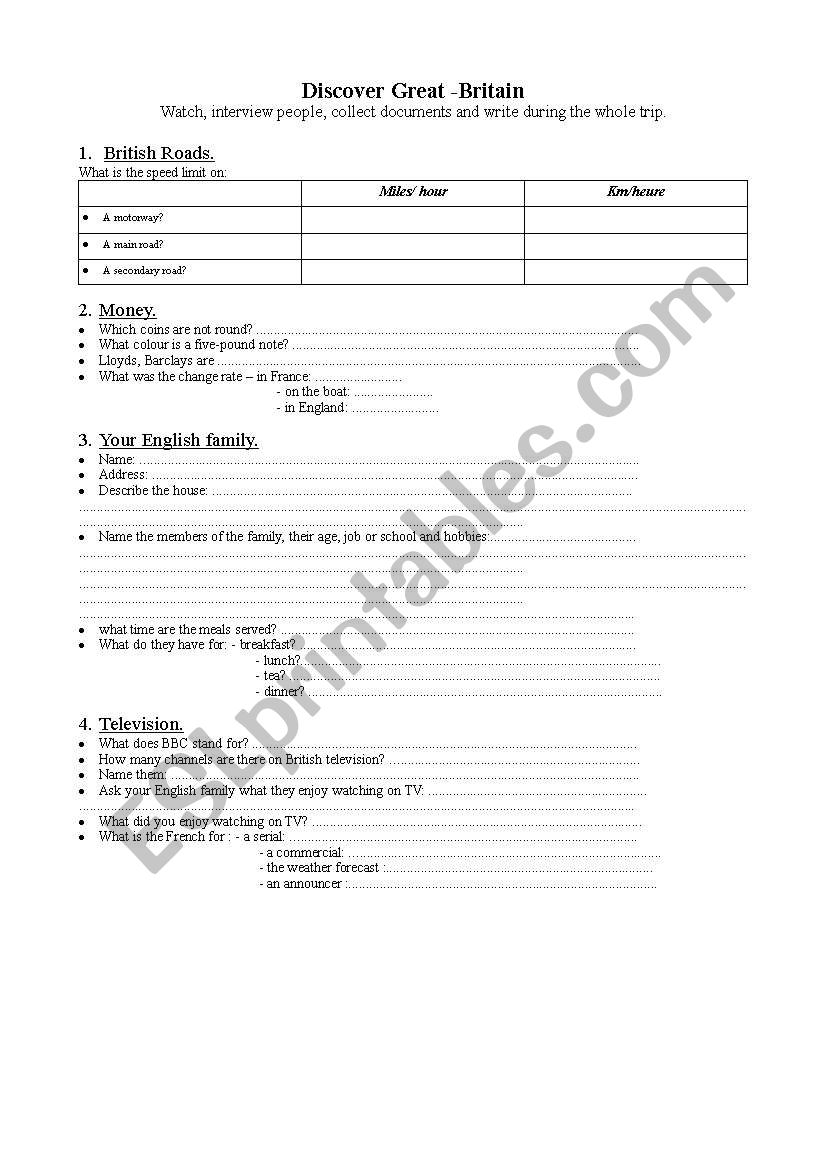 School Trip to Britain worksheet