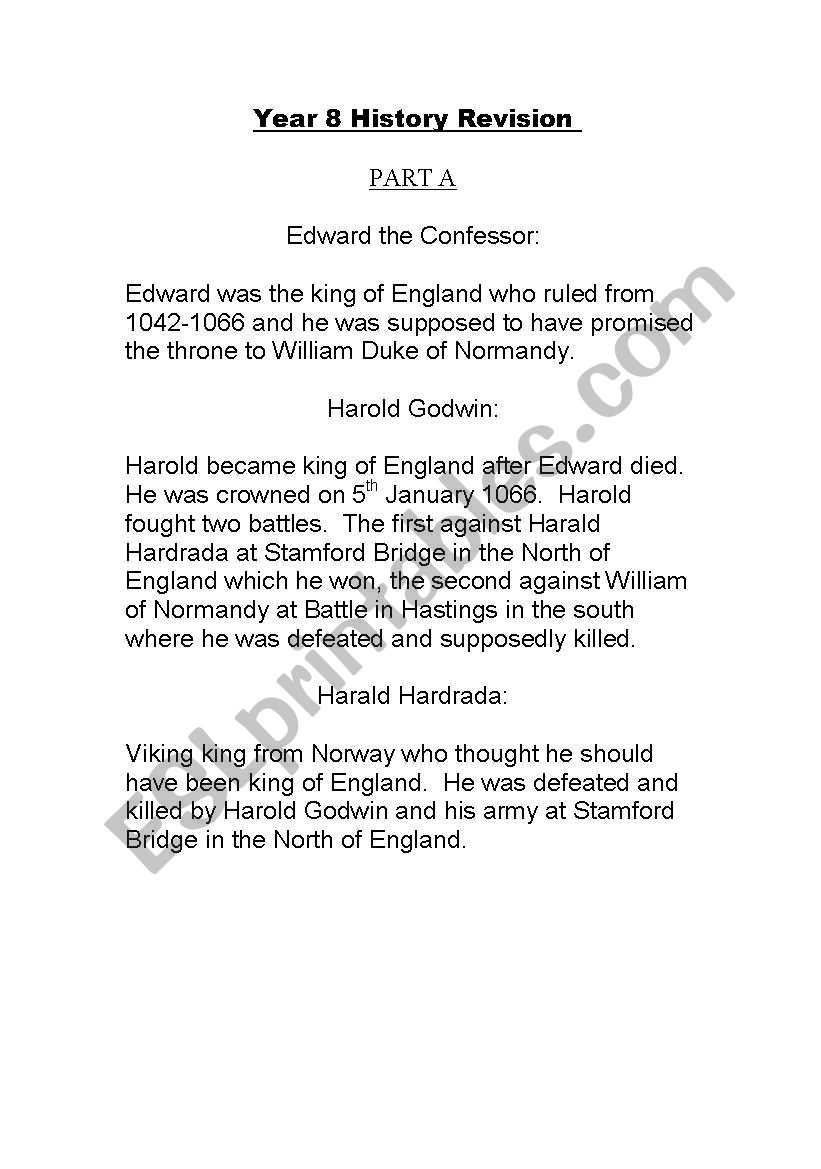 History Revision Yr 8 worksheet