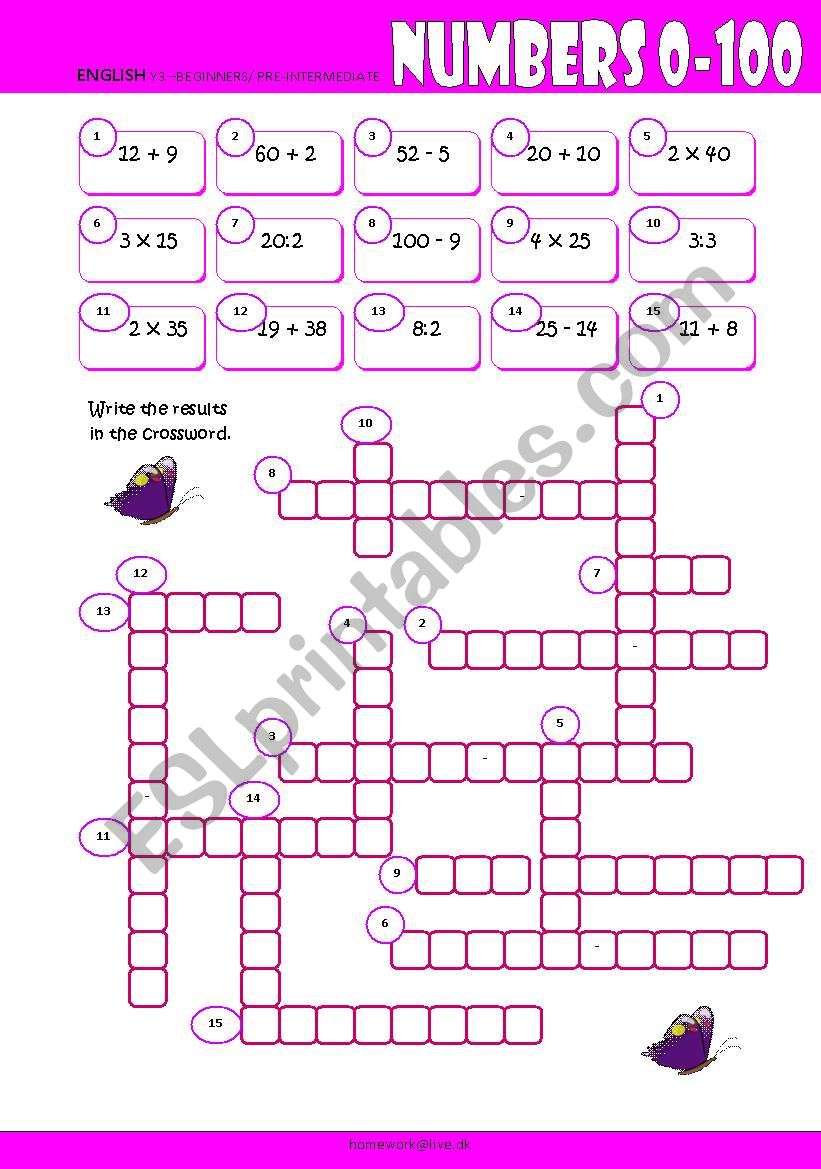 Numbers 0-100 Crossword worksheet