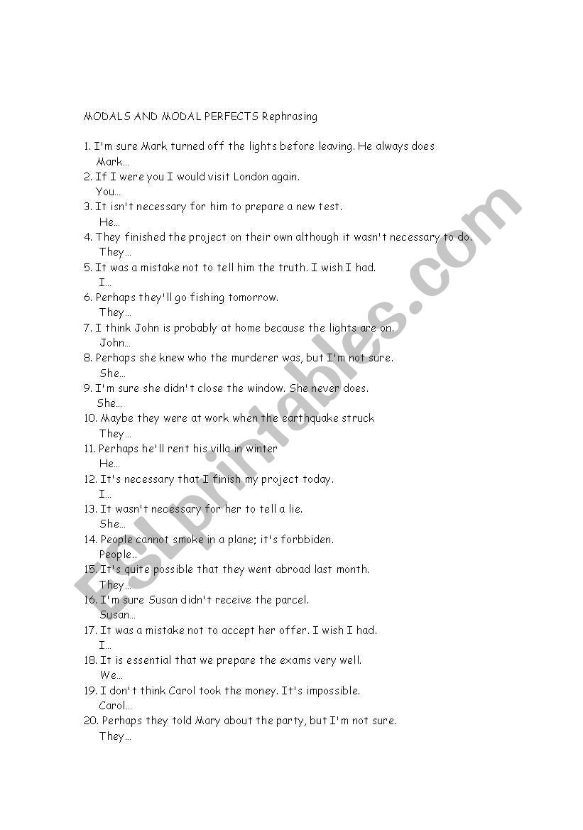 MODALS AND MODAL PERFECTS rephrasing