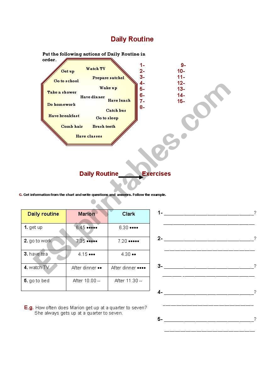 Daily routine worksheet