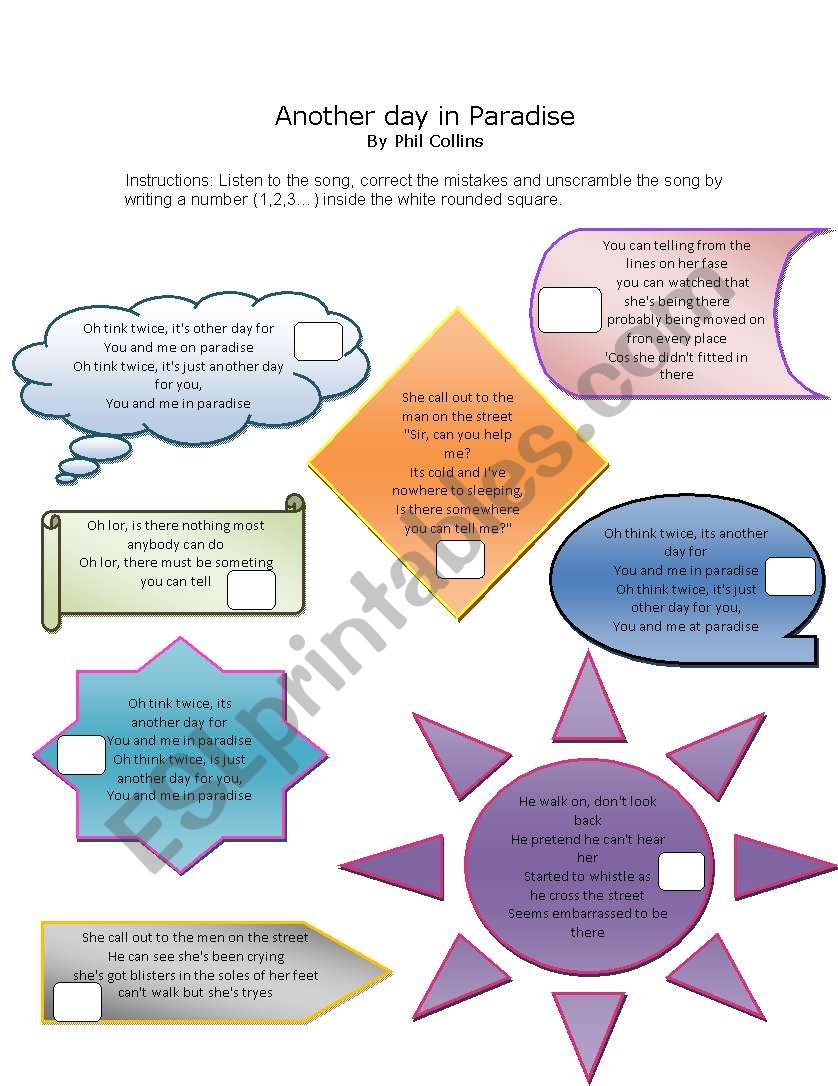 Song: Another Day in Paradise - ESL worksheet by mundico