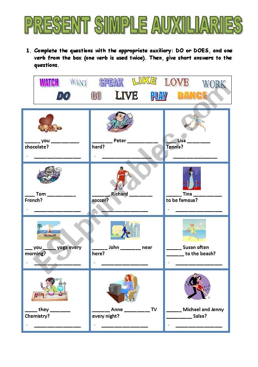 PRESENT SIMPLE AUXILIARIES worksheet