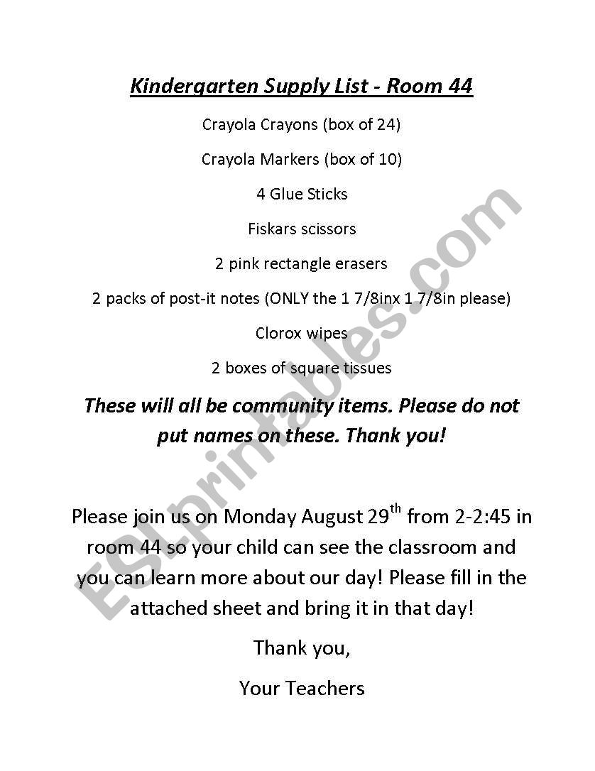 Kindergarten Supply List worksheet