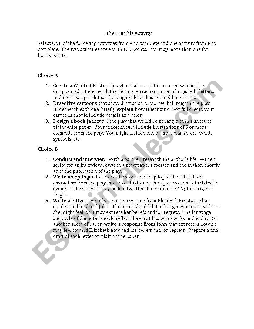 The Crucible Activities worksheet