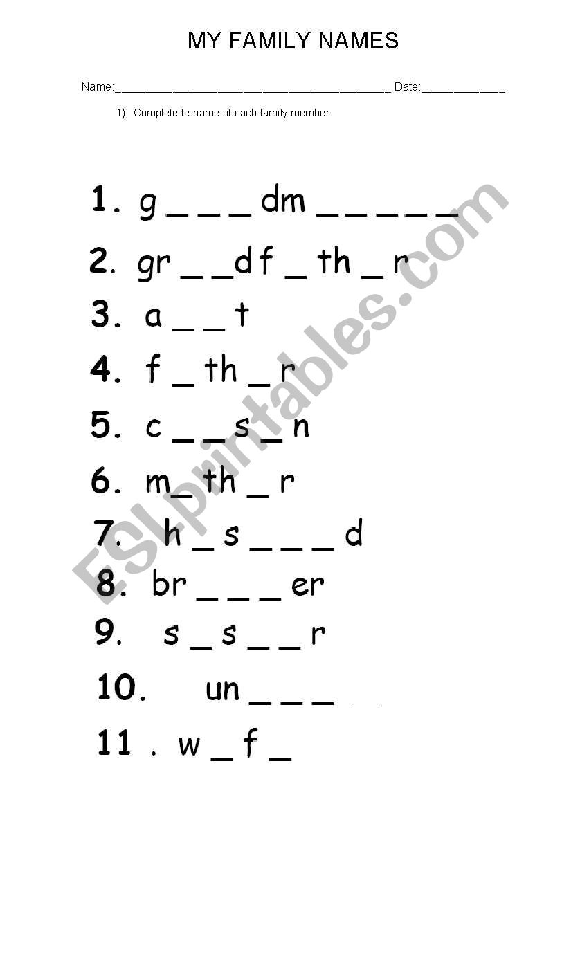 Family members worksheet