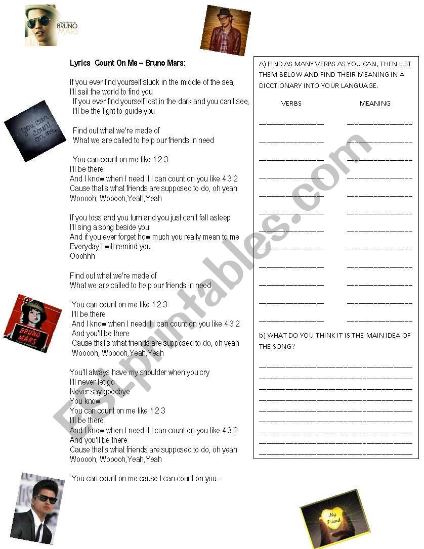 Count On Me - Bruno Mars worksheet