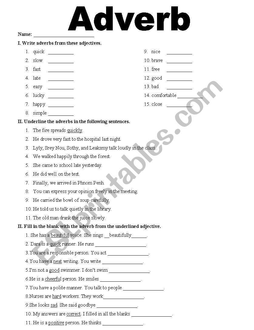 Adverb worksheet