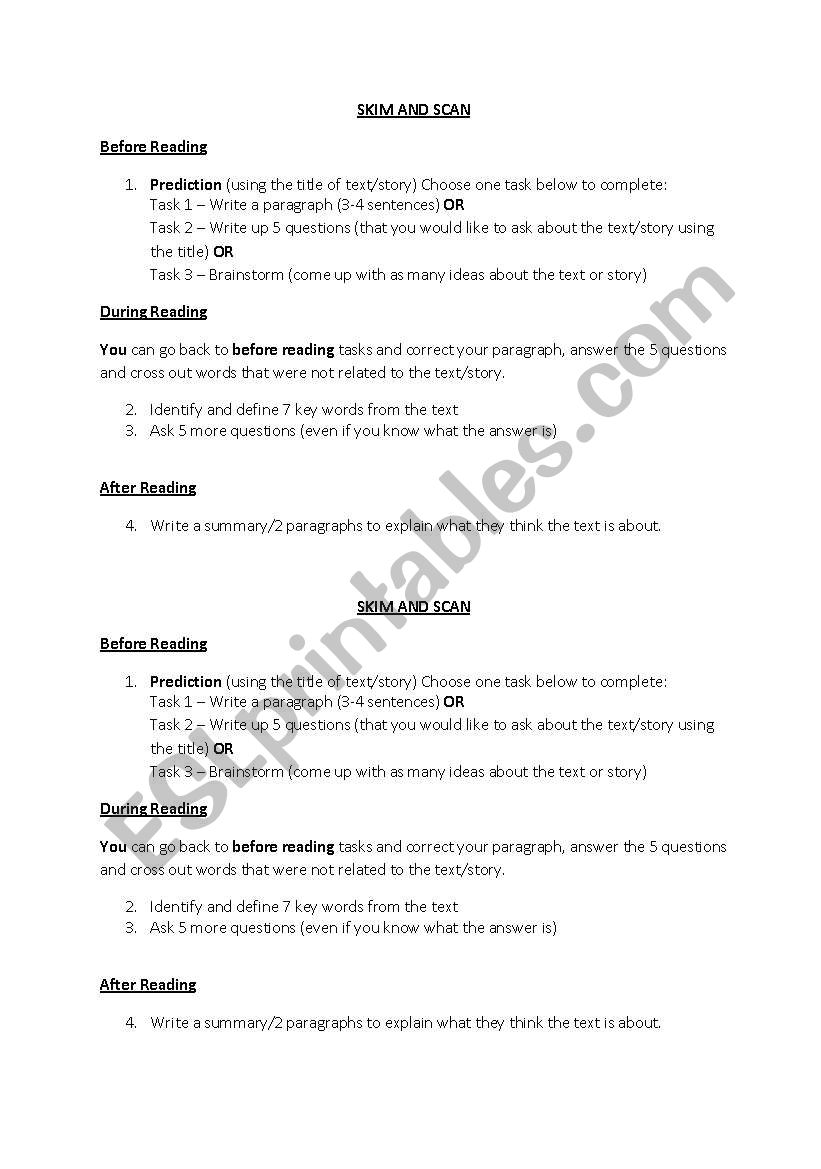 Skim and Scan worksheet