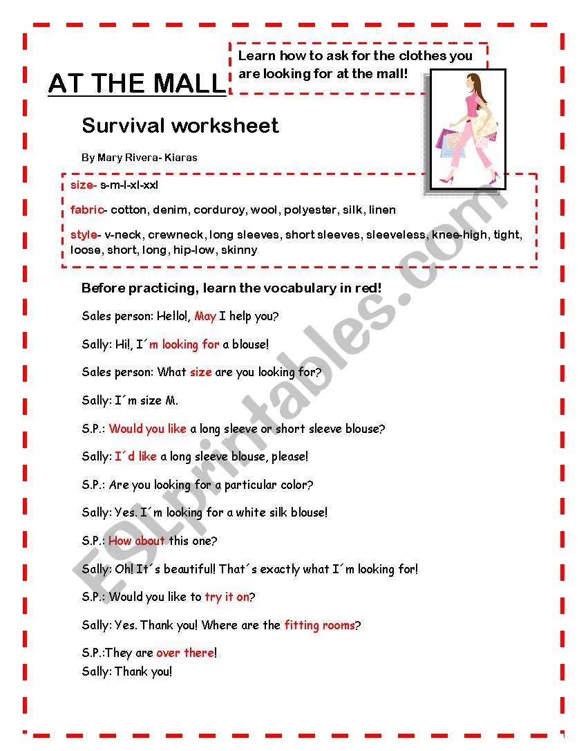 AT THE  MALL- Survival Worksheet and exercises