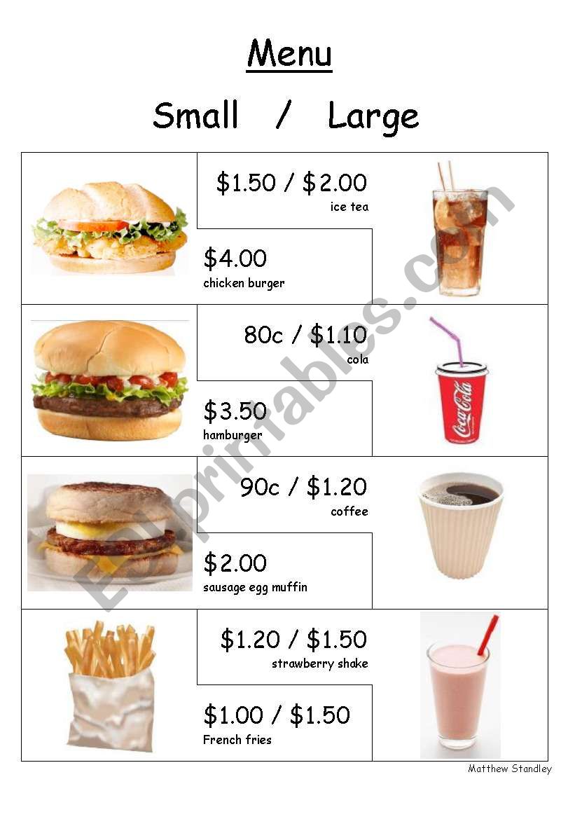Food - Hamburger shop menu and flashcards