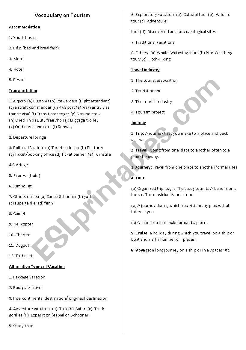 Tourism vocabulary worksheet